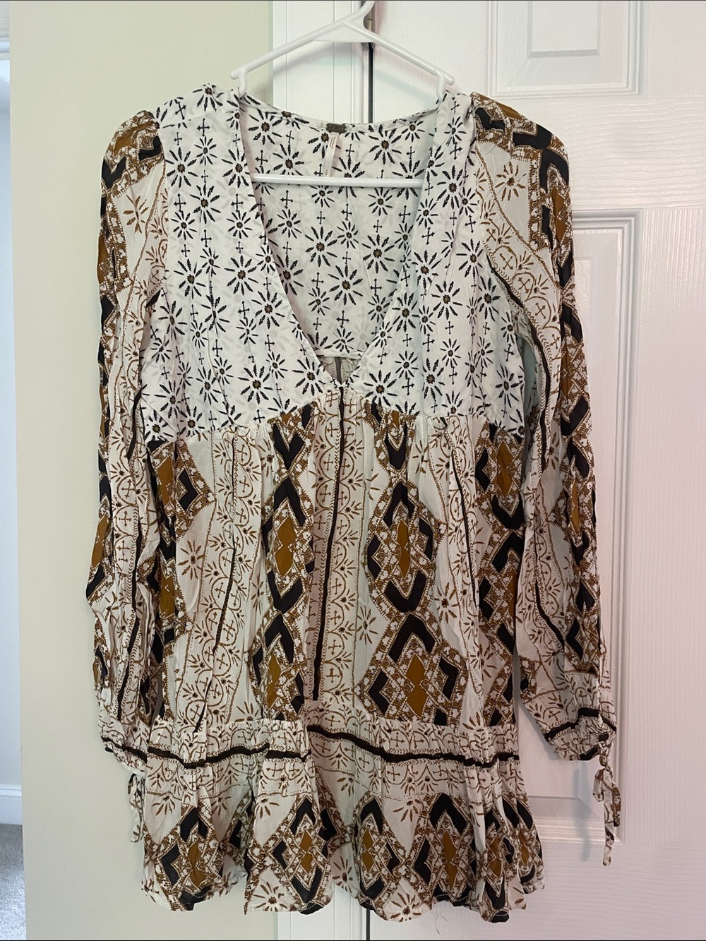 Free People Cream Tunic with Brown and Black Geometric Print